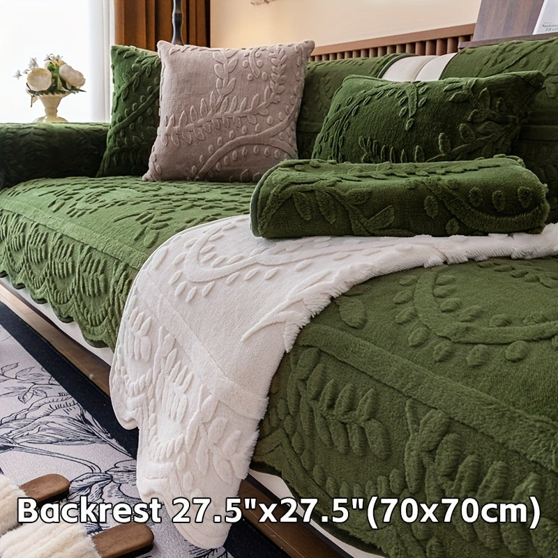 Beige Faux Rabbit Fur Sofa Cover for 1-4 Seaters with Floral Leaf Pattern Non-Slip Washable