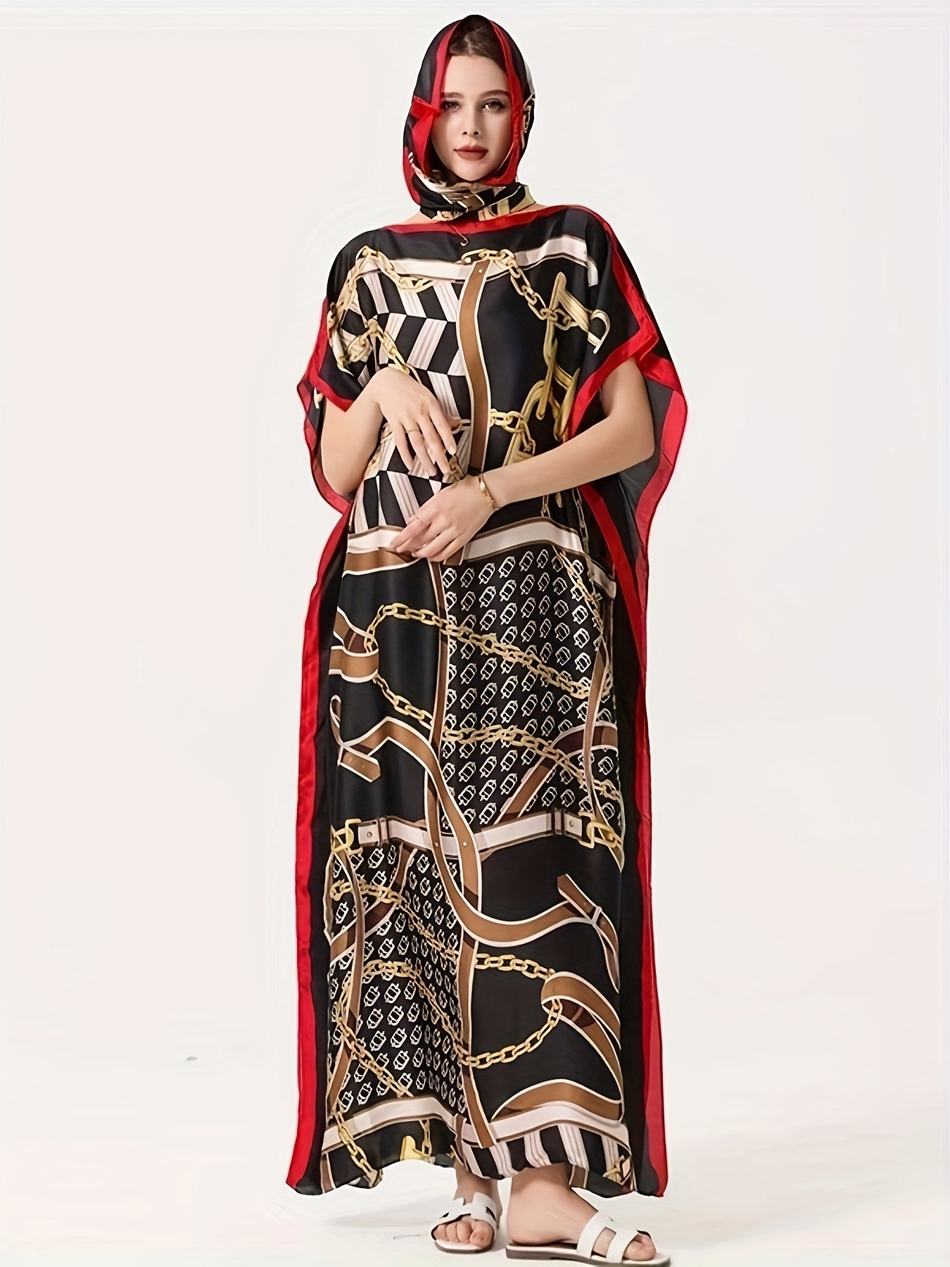 Ayollar uchun keng hajmli geometriya naqshli kiyingan libos, Bat qo'llari va sharf bilan