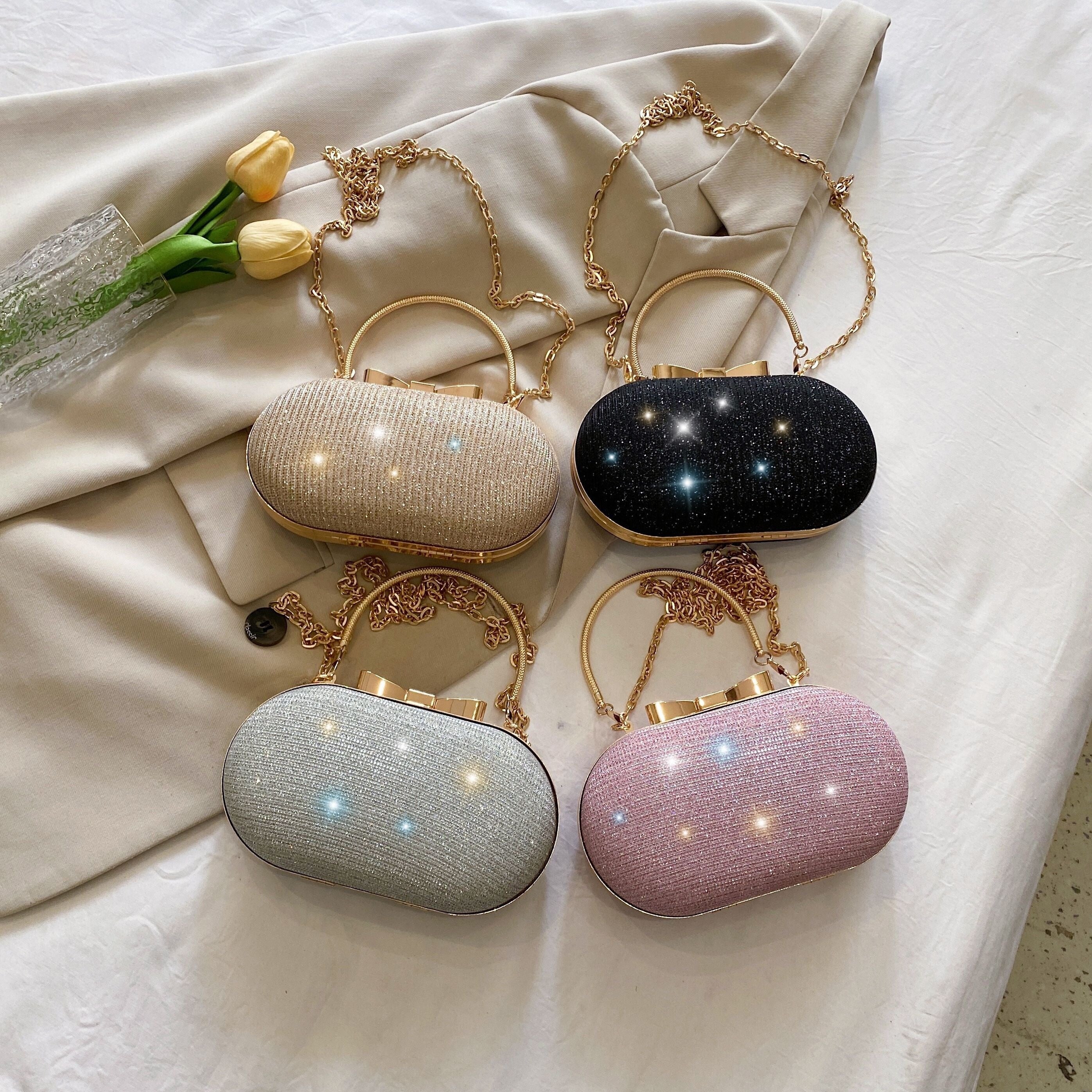 Women's Glitter Evening Bag with Diamonds, Crossbody, Removable Strap