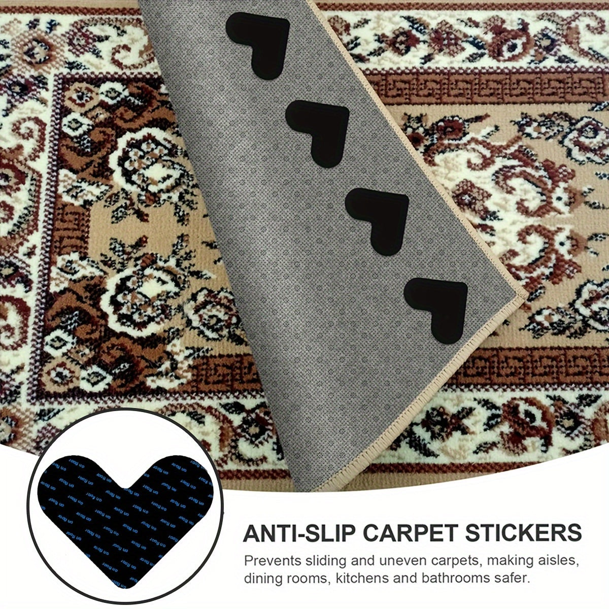 8 ta qora yurak shaklidagi gilam ushlagichlar to'plami, sirpanmaydigan va yuviladigan yopishqoq stikerlar, yashash xonasi, ovqatlanish joyi, hammom, plitkalar va yog'och pollarga ideal, uy bezatish uchun zarur bo'lgan narsalar.