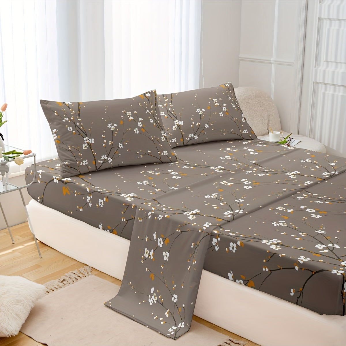 Set of Four Flower Print Fitted Sheets with Pillowcases Breathable Soft Cotton