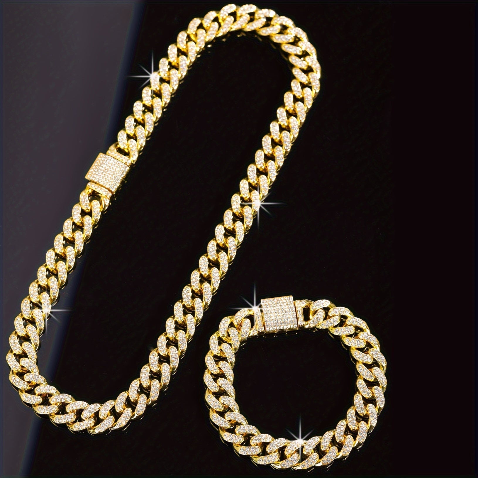 Set of 2 Hip Hop Style Necklace and Bracelet Jewelry for Men Women