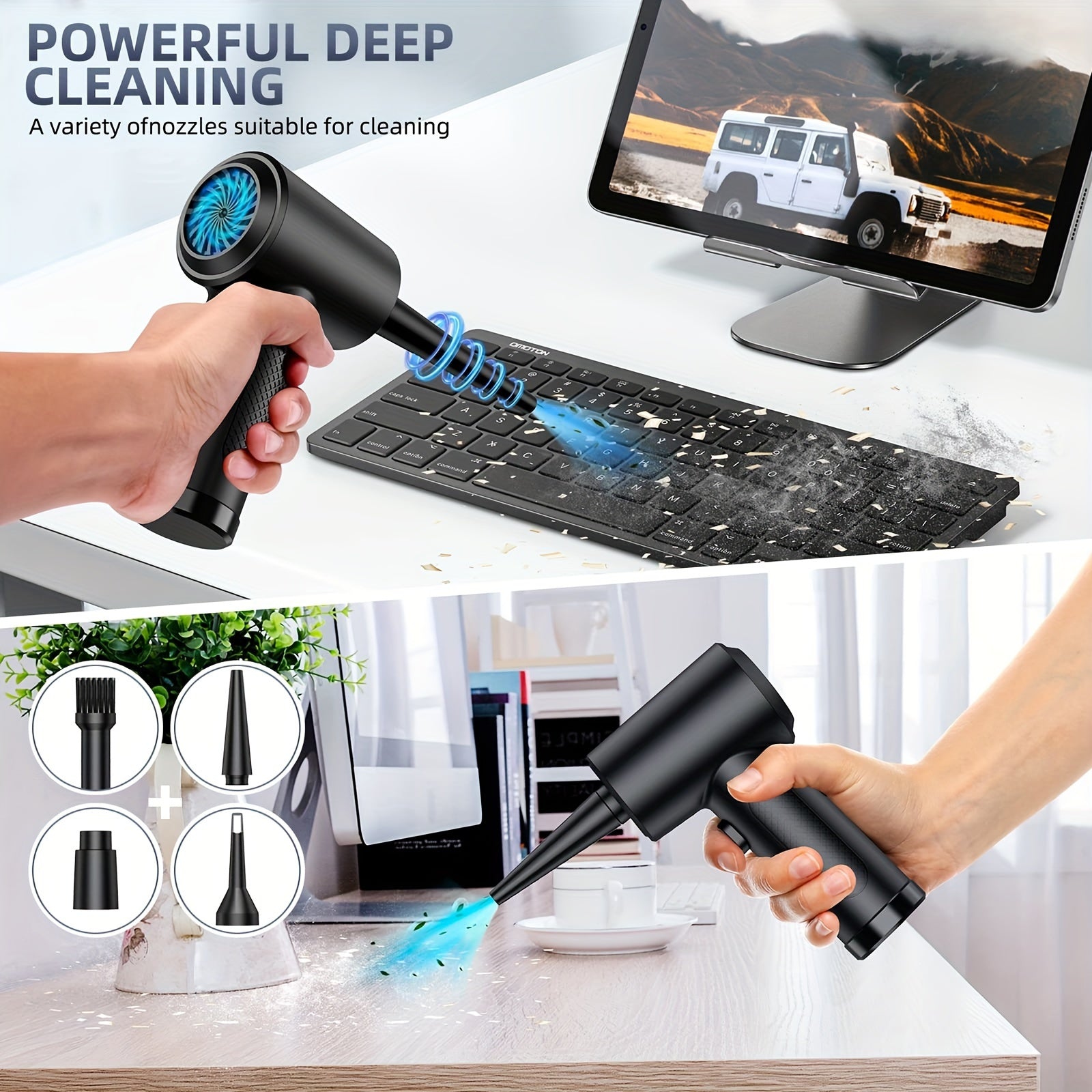 Black Portable Electric Air Duster 3-Speed Rechargeable Cordless with LED Light