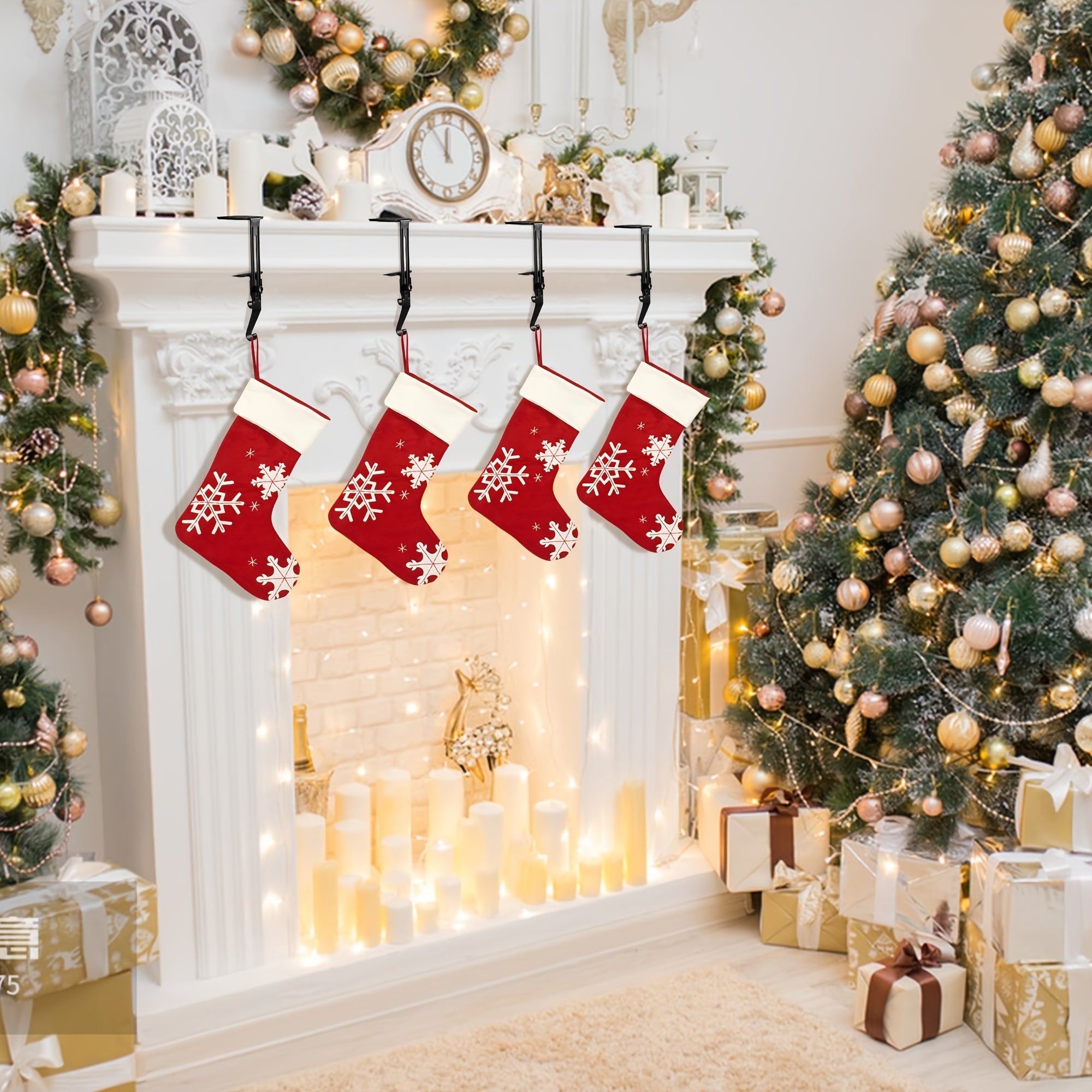 Set of 2 Adjustable Metal Stocking Holders with Non-Slip Pads for Fireplace Mantel