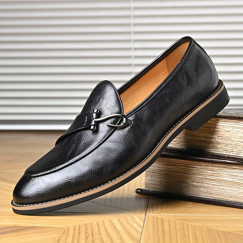 Men's Black Slip-On Loafers with Breathable Rubber Sole for Business Casual and Street Style
