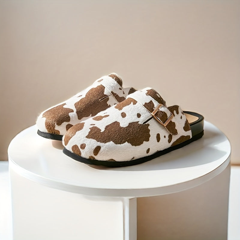 Women’s Faux Leather Slip-On Mules | Casual Closed Toe Shoes in Brown and White Cow Pattern