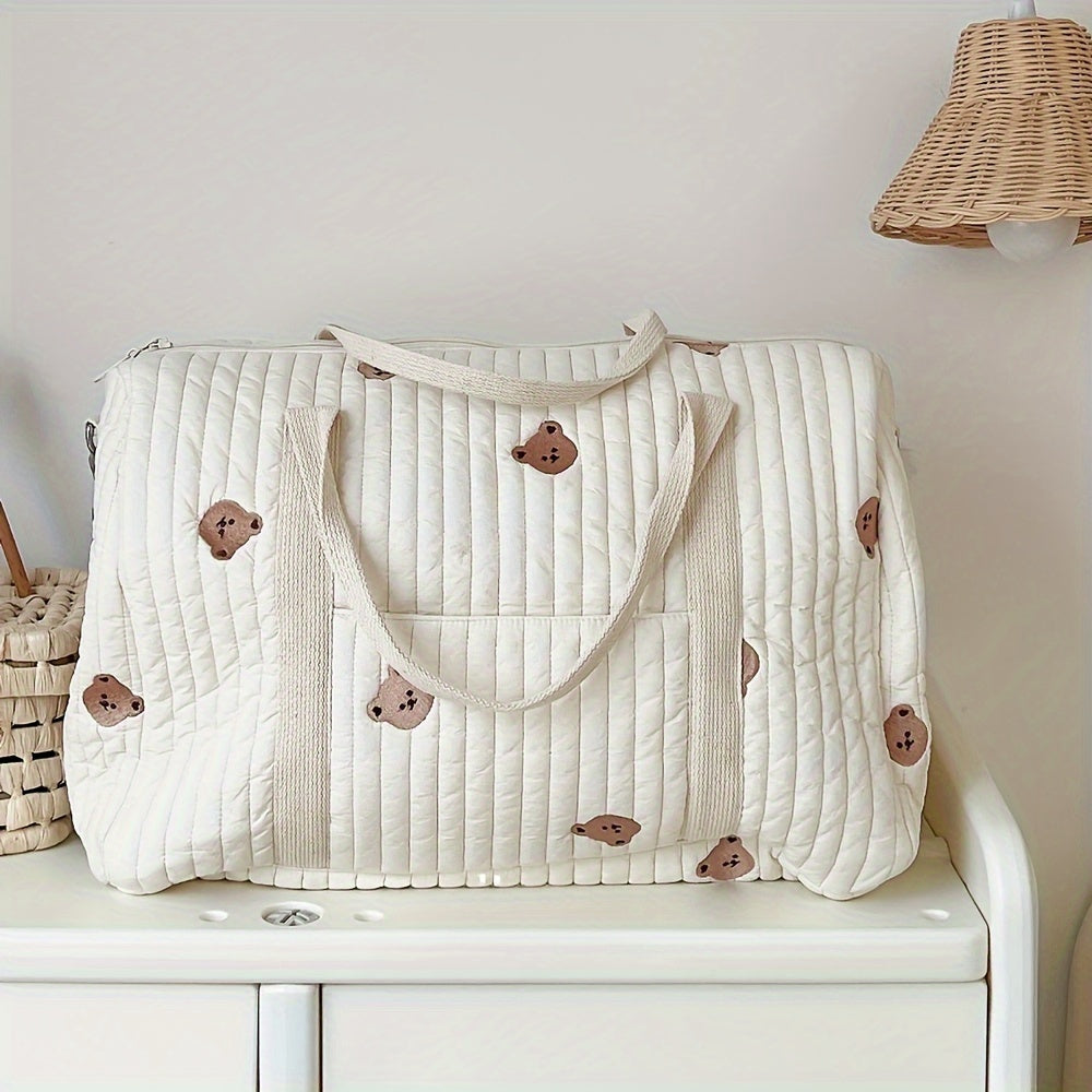 Quilted Diaper Bag for Parents with Embroidered Animal Print and Multiple Compartments