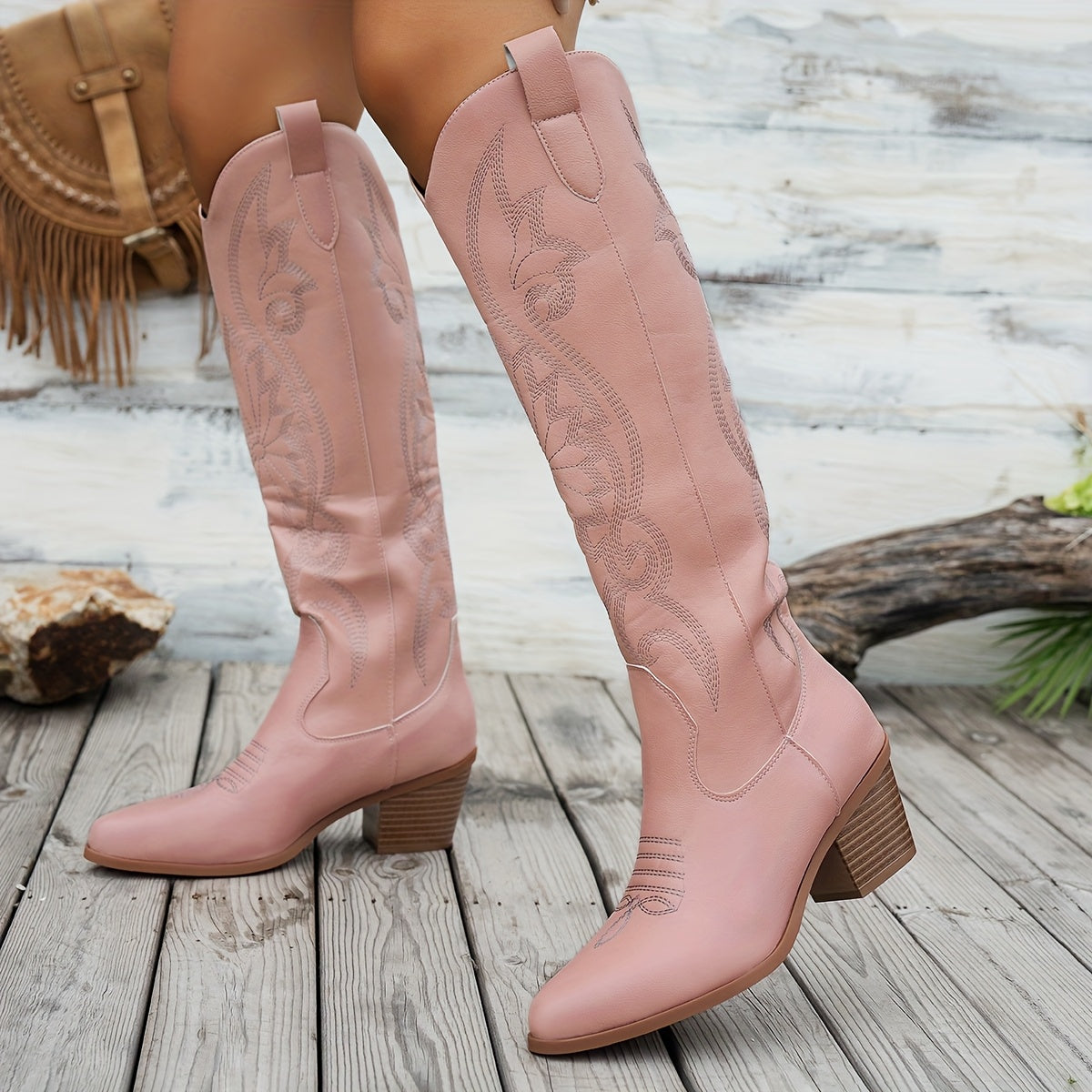 Women's Western Cowboy Boots Faux Leather Floral Embossed Pointed Toe