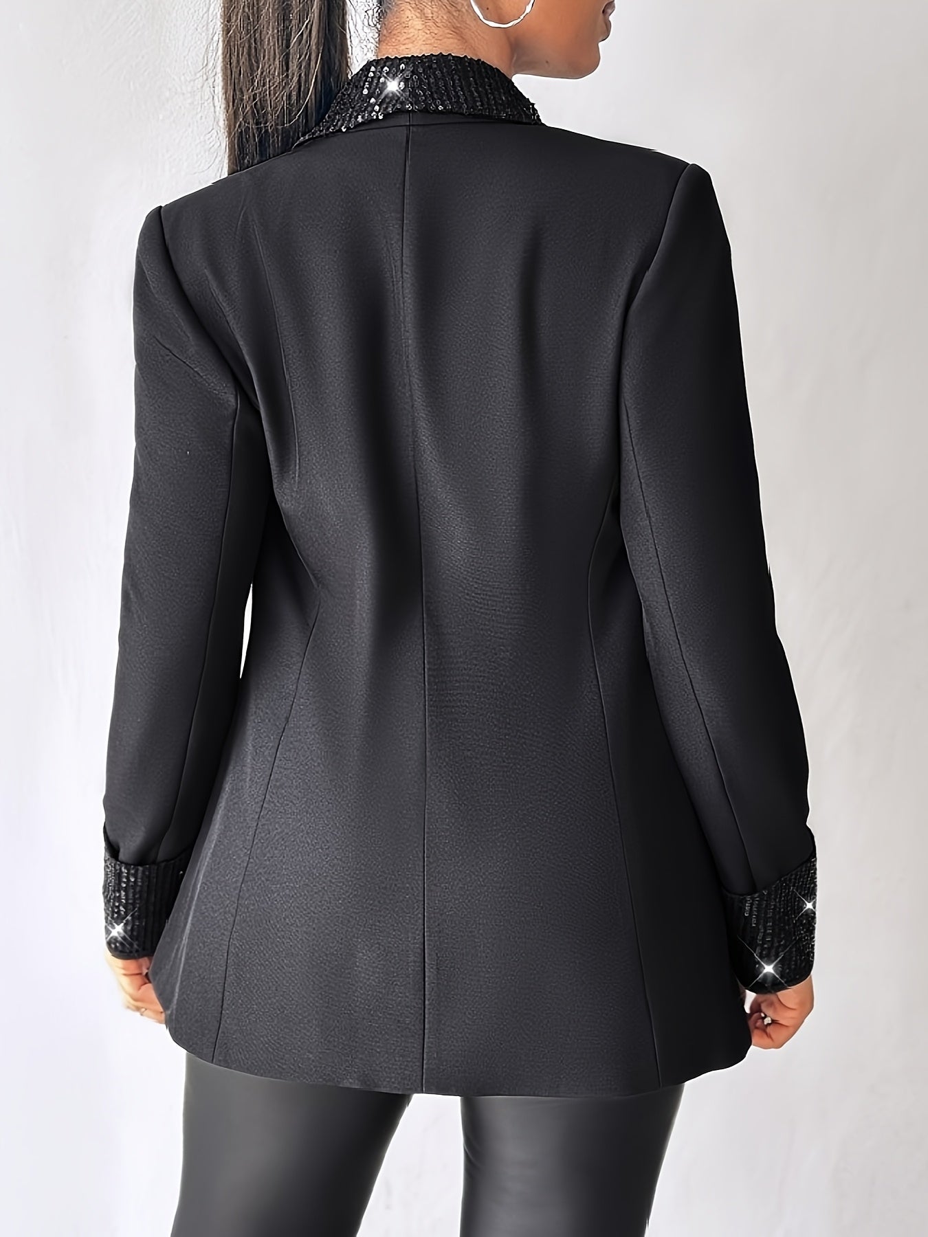 Plus Size Women's Sequin Trim Blazer Long Sleeve Black Office Party Jacket