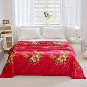 Red Flannel Bed Blanket with Woven Peony Pattern Polyester All-Season Comfort