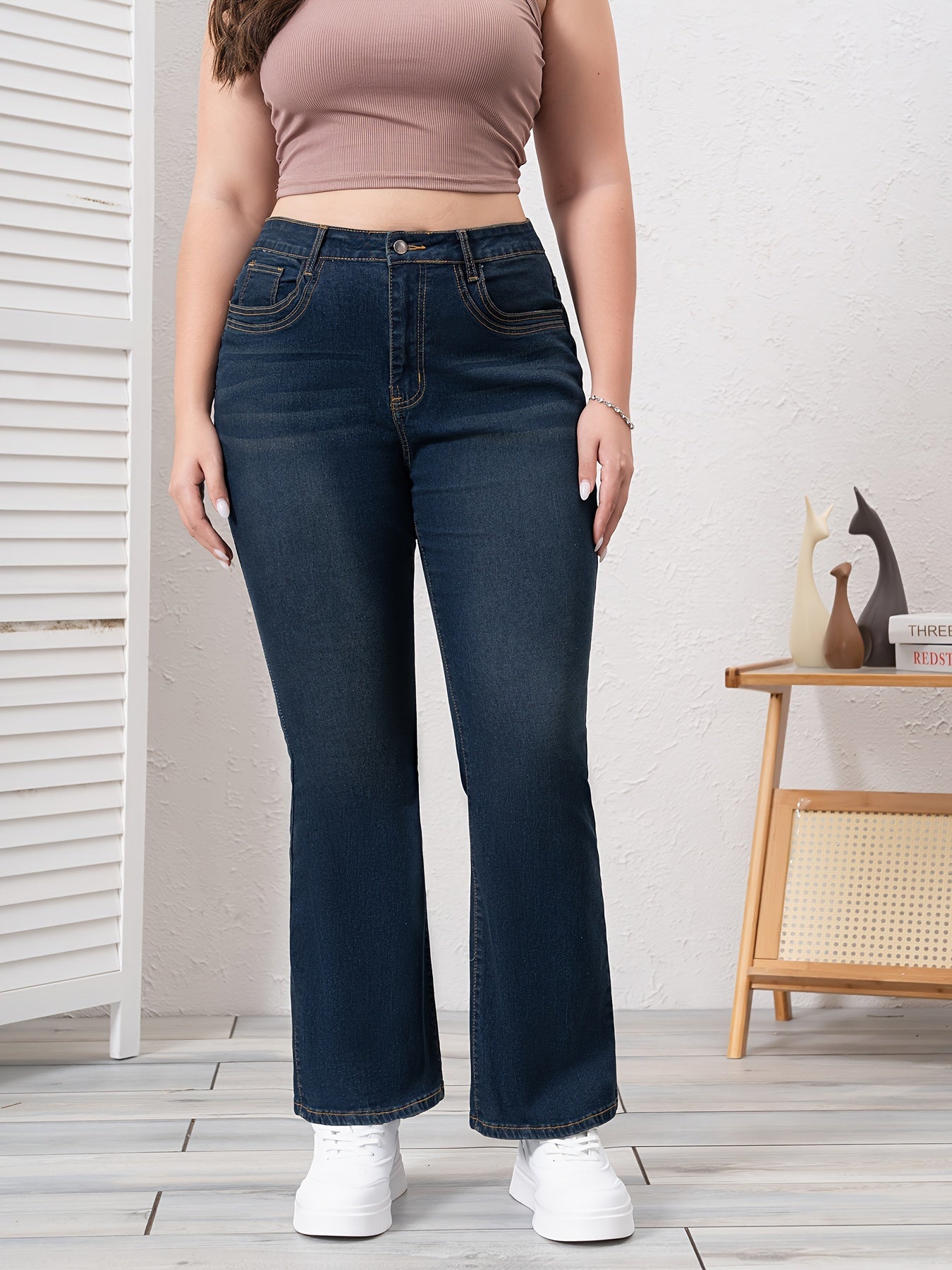 Jeans de mezclilla de talla grande para mujer con corte bootcut, color azul, casual, con cierre de cremallera y botón