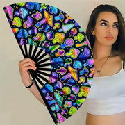Neon Mushroom UV Glow Rave Folding Hand Fan Large 13-Inch Bamboo for Parties