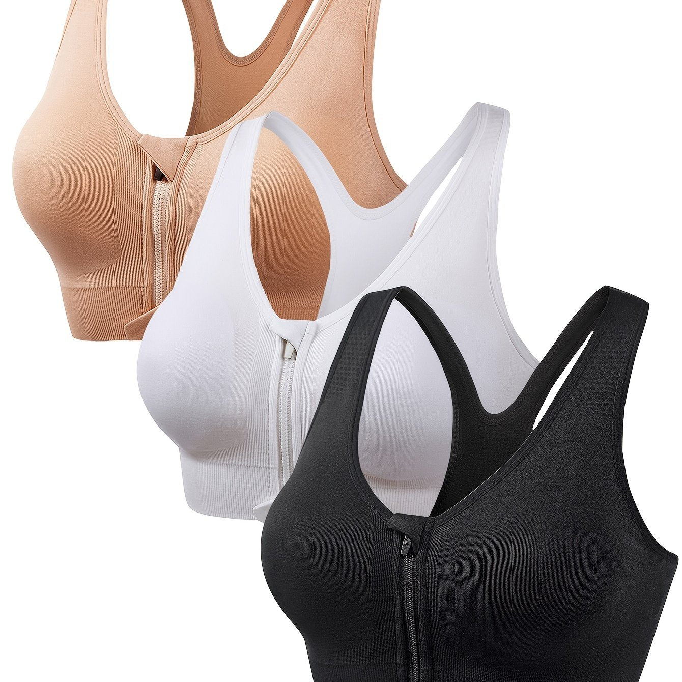 Women's Sports Bras Pack of 3 Front Zipper Yoga Running Comfortable Soft