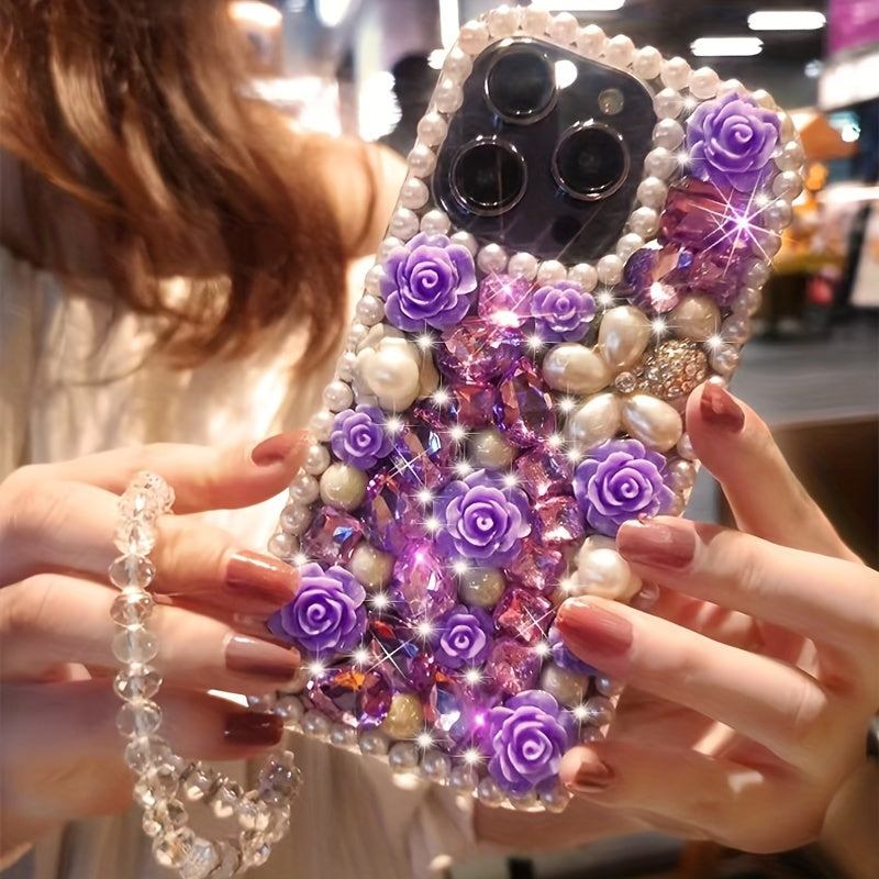 Pearl Frame Crystal Flower Phone Case for iPhone 16 Pro Max with Lanyard and Shockproof TPU