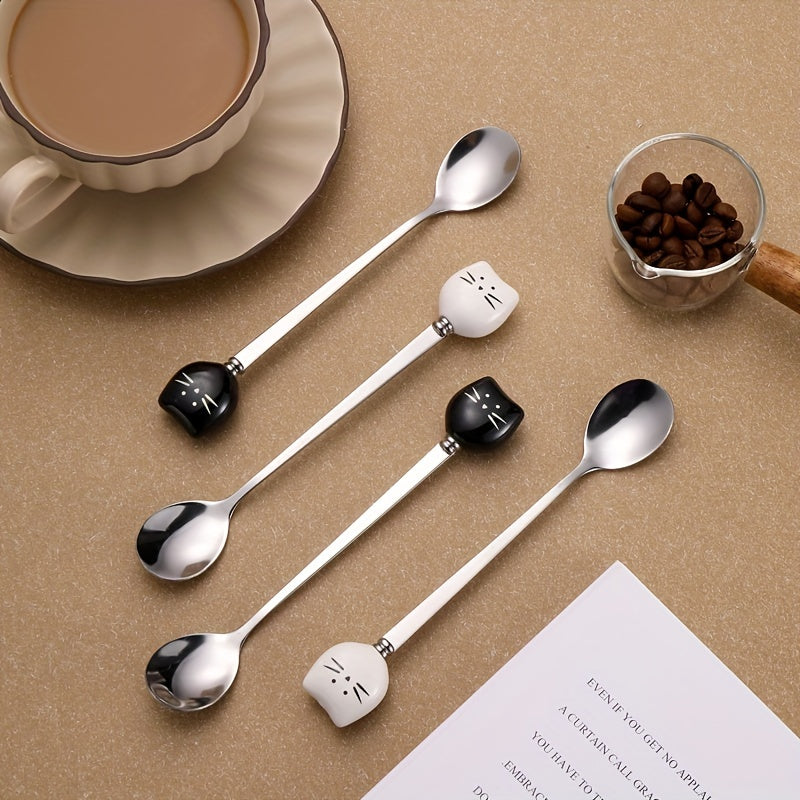 Stainless Steel Coffee Stirrers with Ceramic Cat Spoons