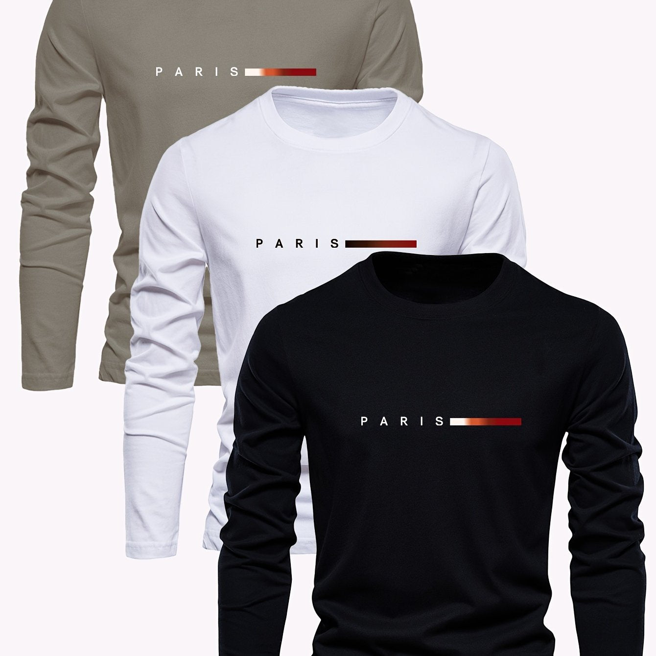 Men's Cotton Long Sleeve T-Shirts with Paris Print for Spring and Fall