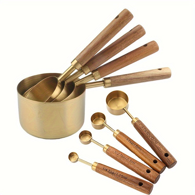 Juego de 4 tazas y cucharas medidoras de acero inoxidable con mangos de madera