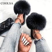 Women's Faux Fur Slides Open-Toe Flat Sandals Indoor Outdoor Fuzzy Slippers