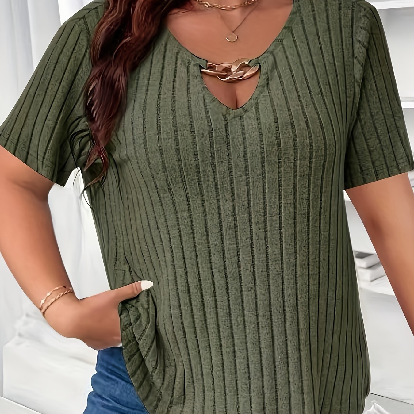 Plus Size Women's V-Neck Short Sleeve T-Shirt Stretchy Ribbed Blue Casual Top