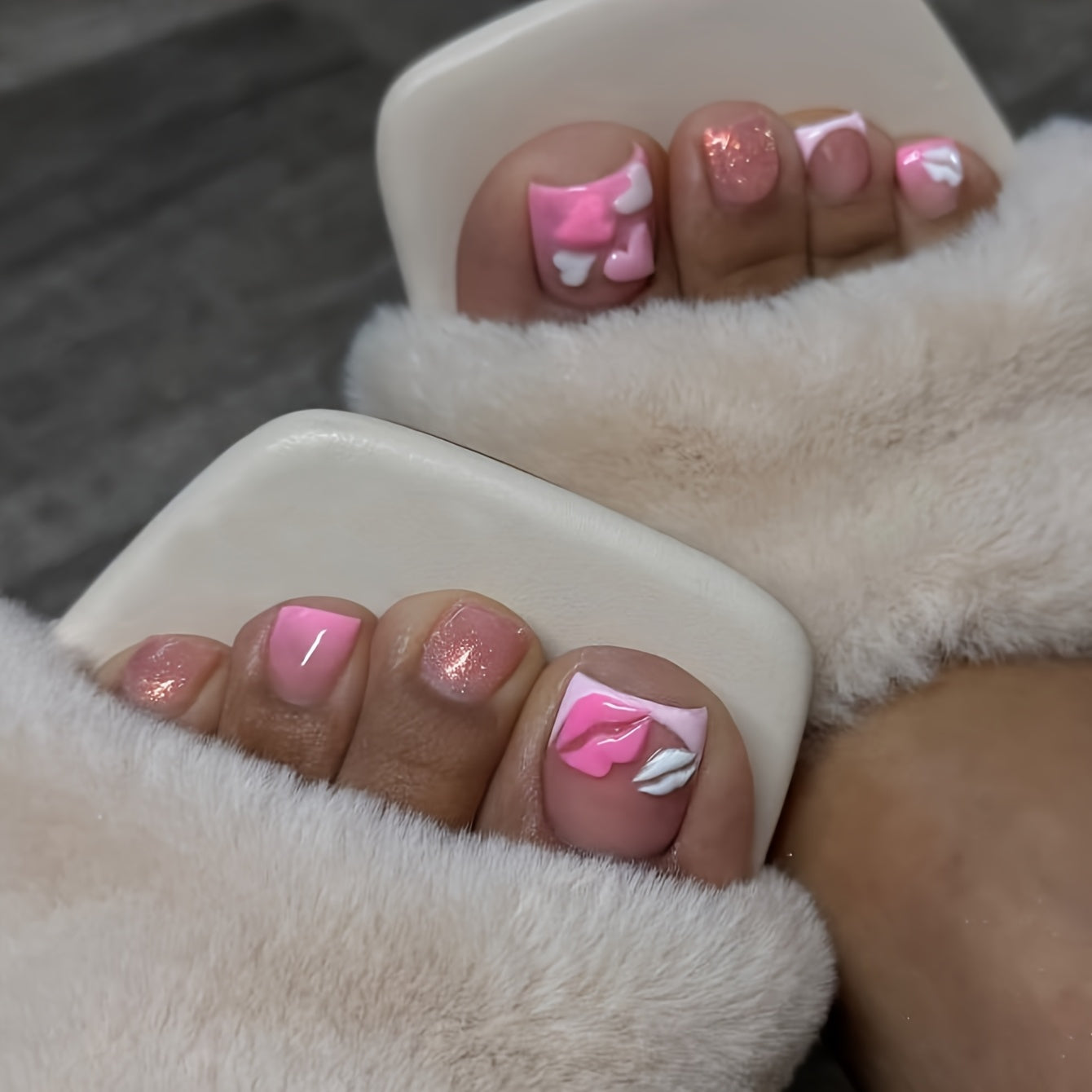 Women Black French Tip Press-On Toenails Kit Medium Square Fake Nails