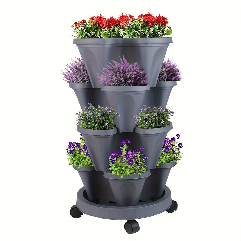 4-Tier Vertical Planter Set with Rolling Plant Caddy Indoor Outdoor Garden Tower