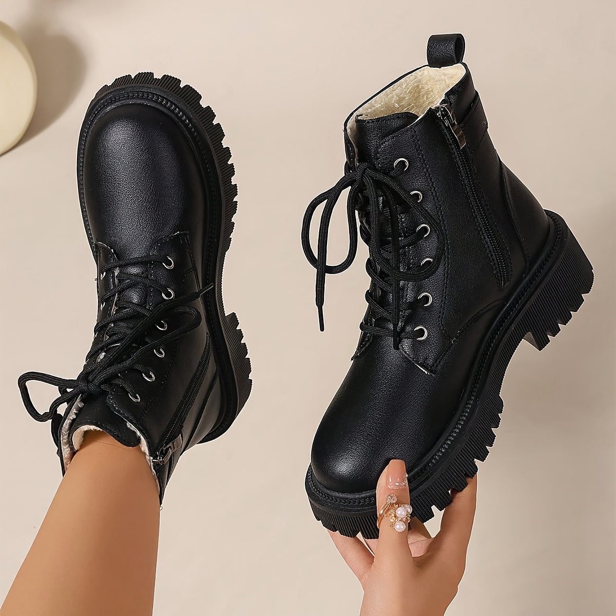 Women's Winter Boots Fleece Lined Ankle Shoes Solid Color Flat Comfort