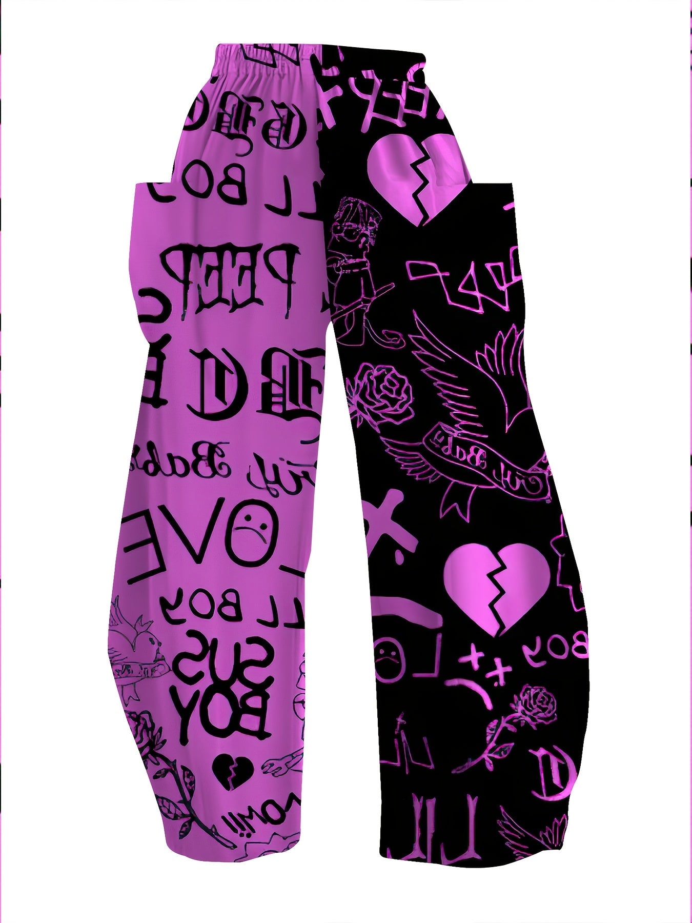 Plus Size Women's High-Waist Wide-Leg Pants with Heart Print Casual Black Pink