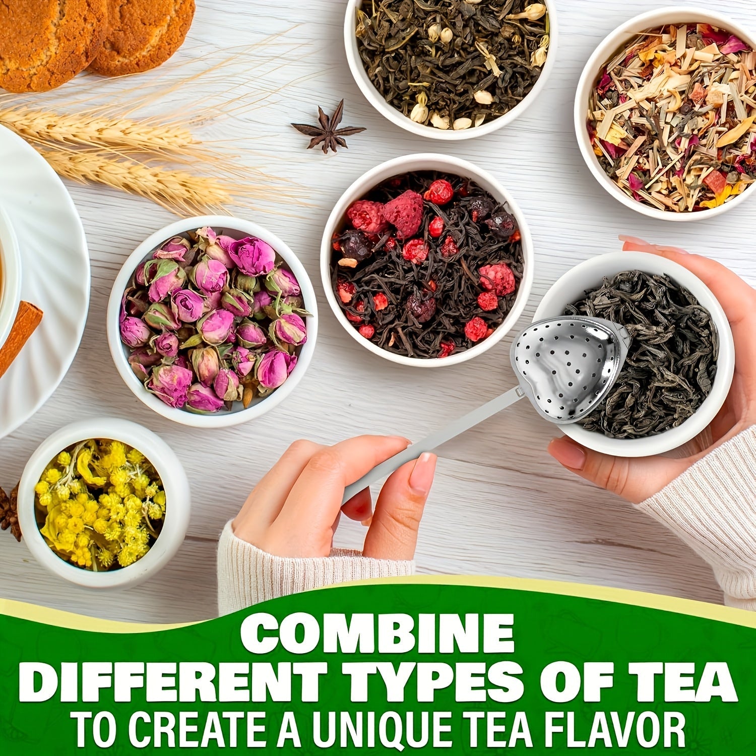 Set of 4 Stainless Steel Tea Strainers Reusable Love Colanders with Brewing Spoons