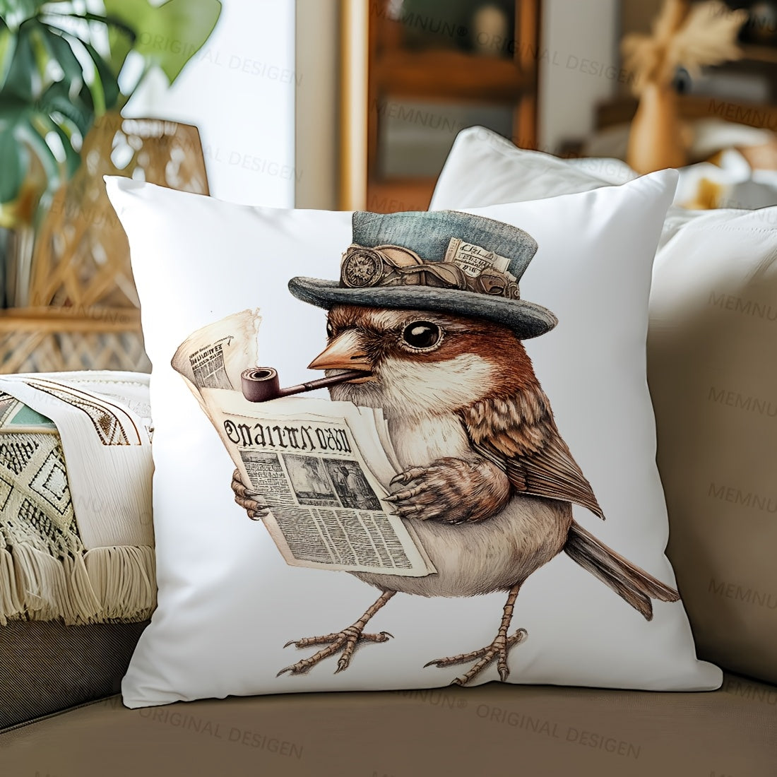 44.96x44.96cm Single-Sided Printed Cushion Cover Smoking Robin Retro Style Polyester Zipper Closure Machine Washable for Living Room Sofa Bedroom Decor