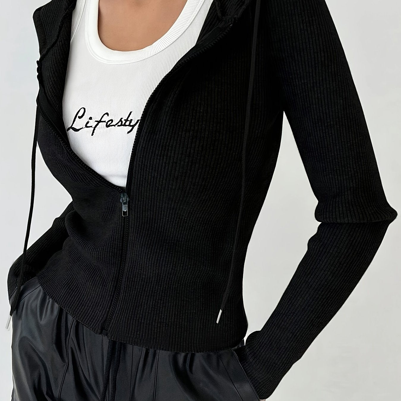 Women's Slim Fit Hooded Jacket with Ribbed Knit Drawstrings and Zipper for Fall Winter