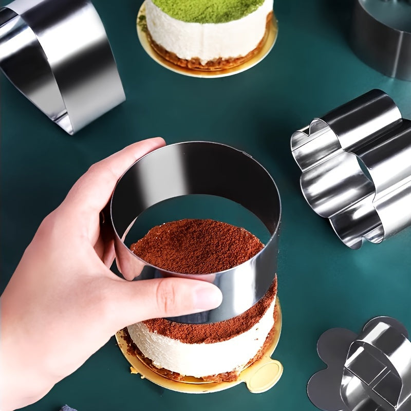 Stainless Steel Cake Mold Set with Push Plate Circular Heart Flower Shapes for Cheesecakes Pastries Cookies