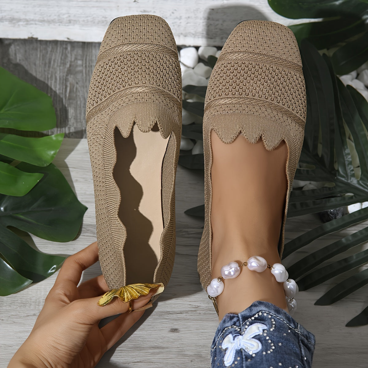 Women's Lace-Trimmed Slip-On Flats Breathable All-Season Shoes Black Gray Blue