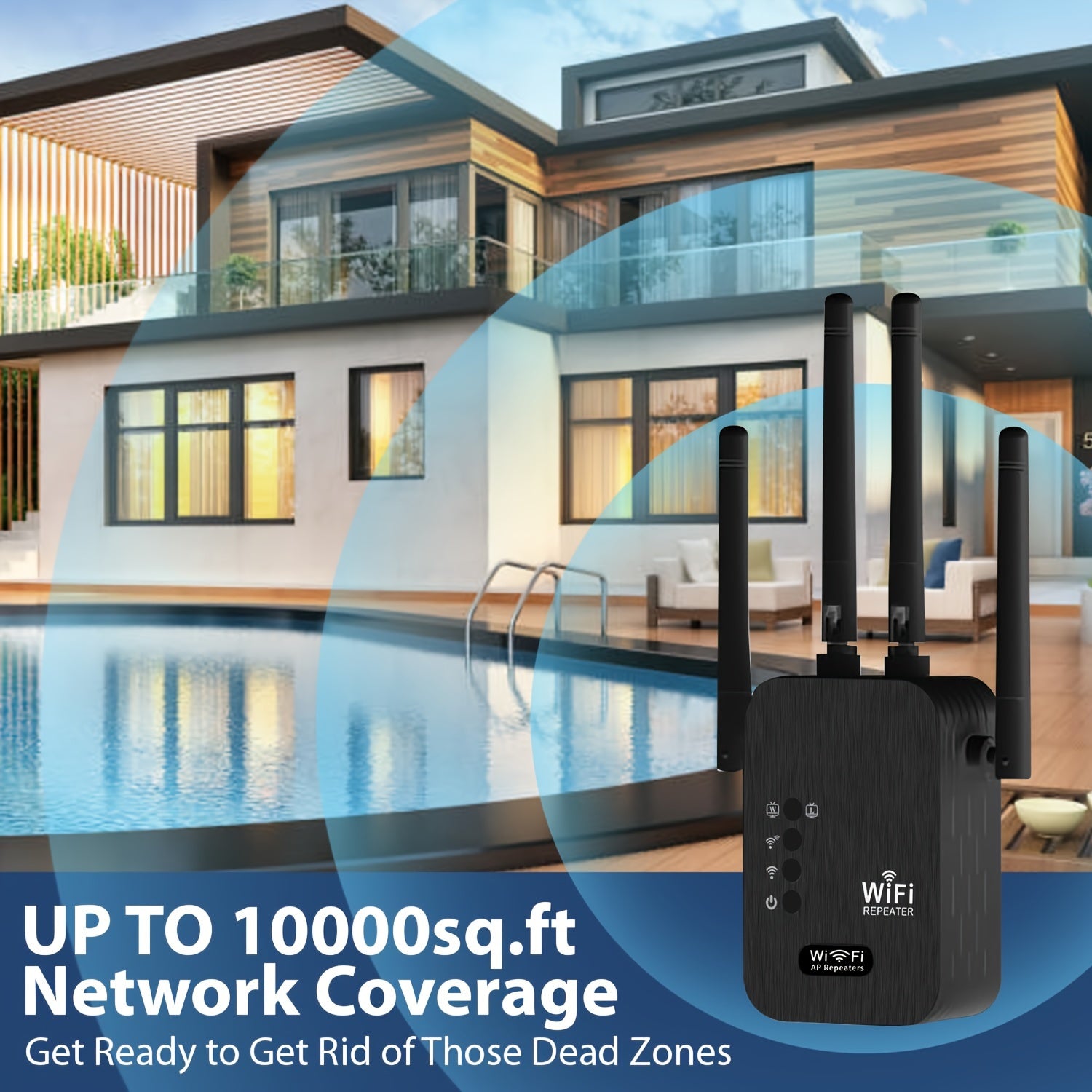 WiFi kuchaytirgichi yuqori penetratsiya uchun, 1200 Mbps ikki diapazon, Ethernet qo'llab-quvvatlash, 8500 kvadrat futgacha qamrov, 35 ta qurilmaga ulanish, oson o'rnatish, 4 ta antenna, qora rang, tarmoq qamrovini kengaytiradi