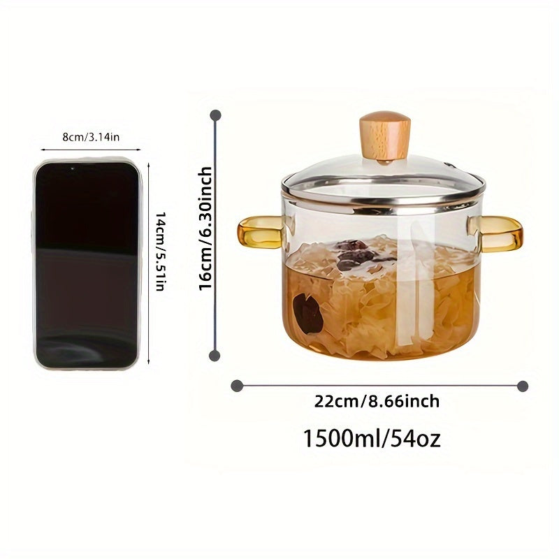 Borosilikat shisha plita qozoni 1.5L, qopqog' bilan, issiqlikka chidamli shaffof pishirish qozoni, sho'rva, sut, kastryul uchun