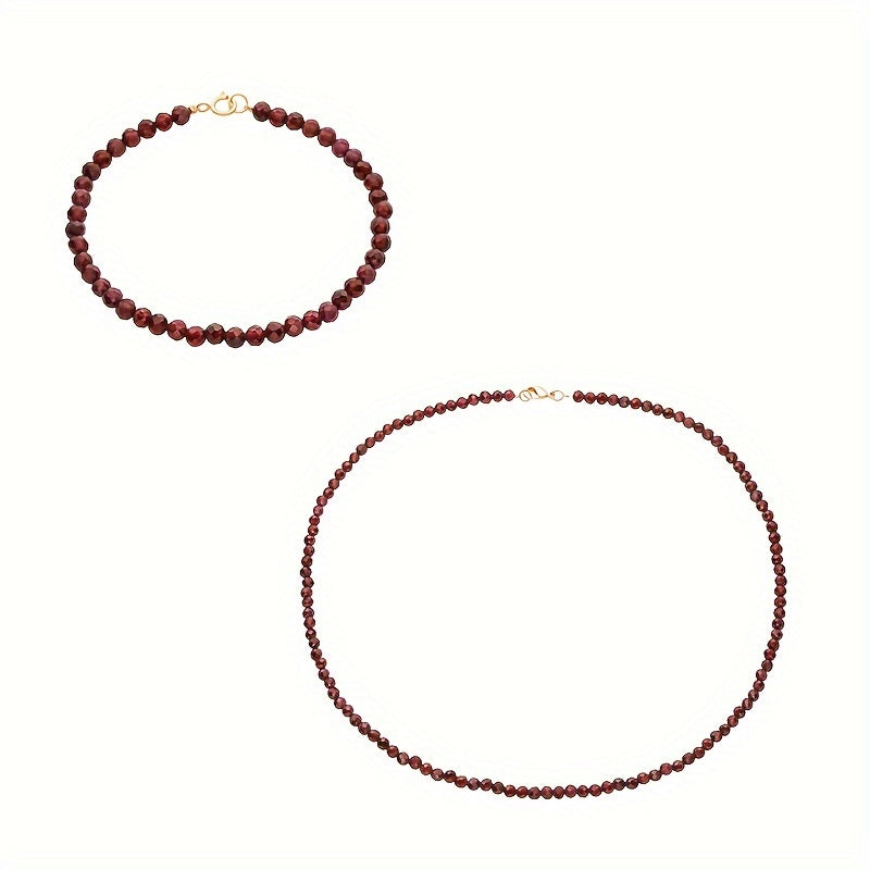 Garnet Jewelry Set with Beaded Necklace and Bracelet Boho Style Natural Gemstone Hypoallergenic Dual Layer Silk Thread