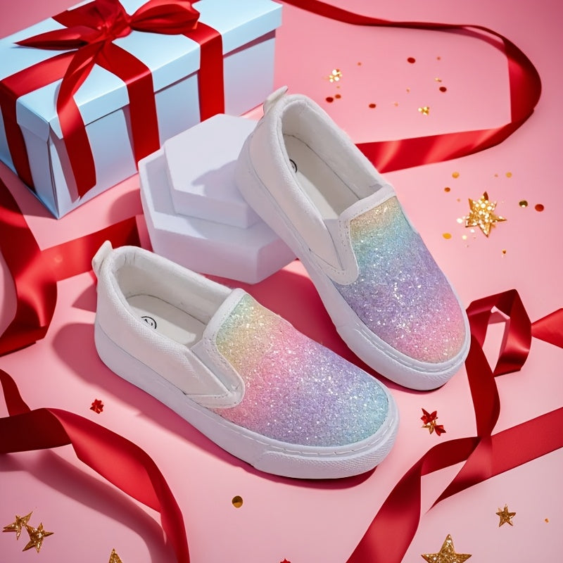 Girls' Rainbow Glitter Slip-On Sneakers Lightweight Canvas Rubber Sole Casual School Sports