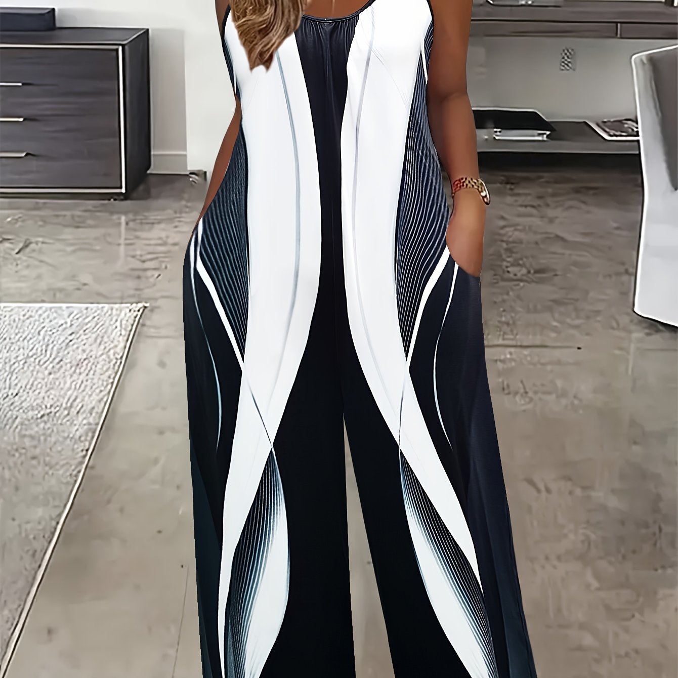 Plus Size Color Block Cami Jumpsuit Casual Sleeveless Pants with Pockets