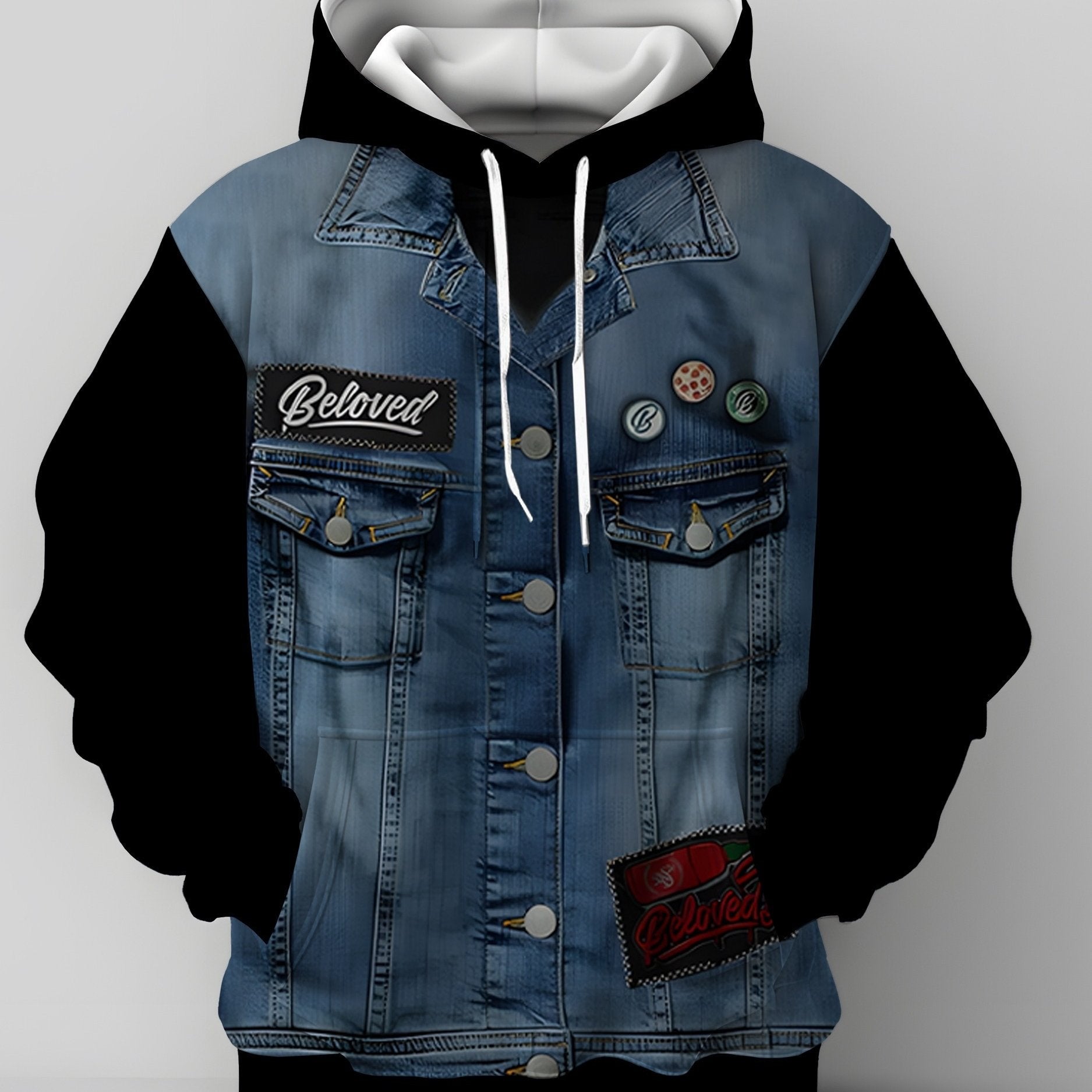 Men's Plus Size Hoodie Polyester Knit Medium Stretch Denim Print Regular Fit Pocket Casual