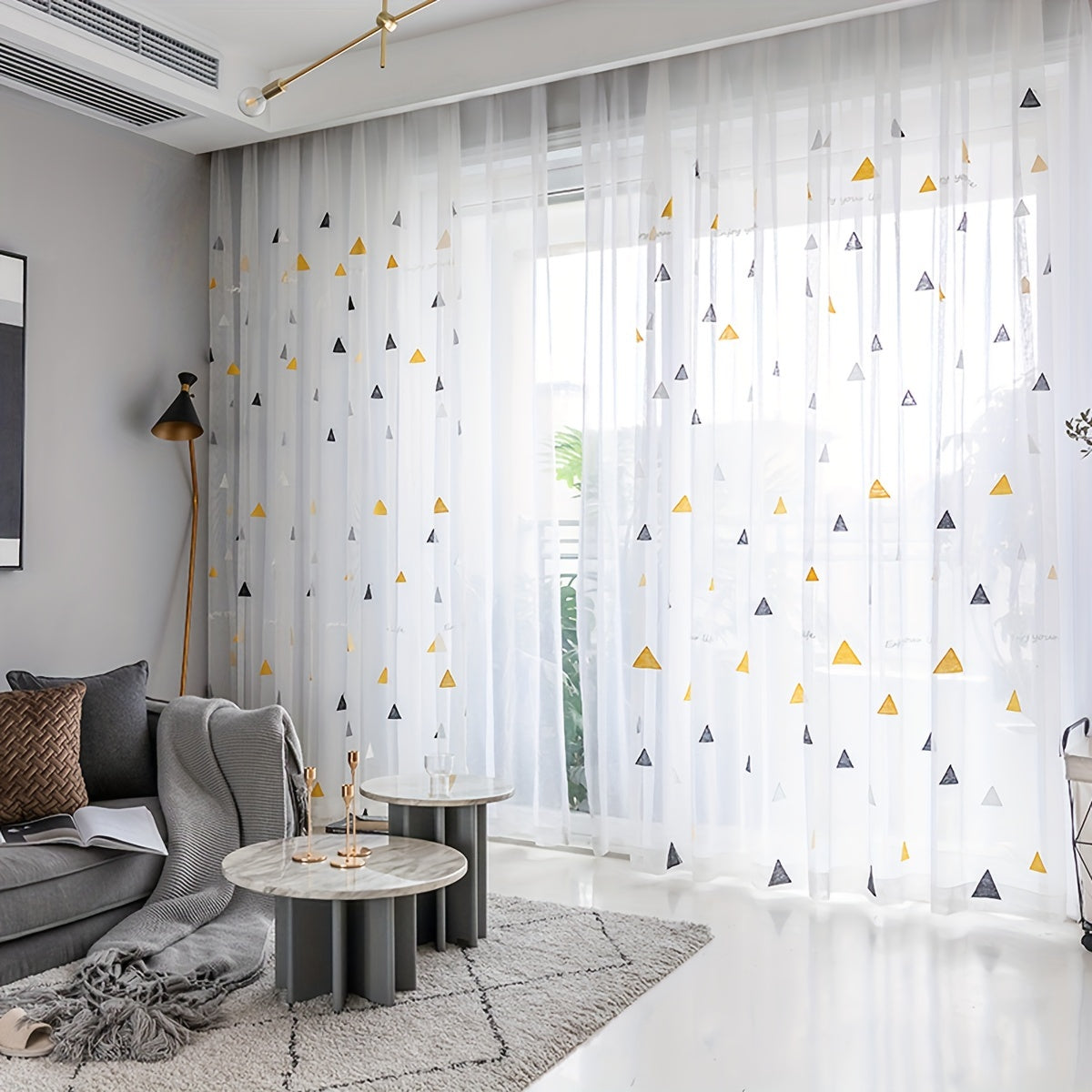 White Geometric Triangle Sheer Curtains for Girls Room Living Room Bedroom Polyester Embroidered Panel