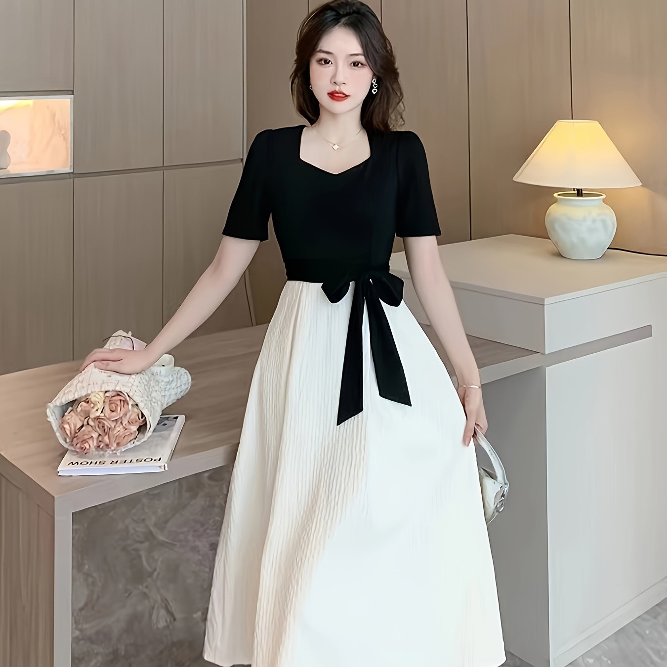 Women's A-Line Dress with High Waist Bow Short Sleeve Solid Color Spring Summer