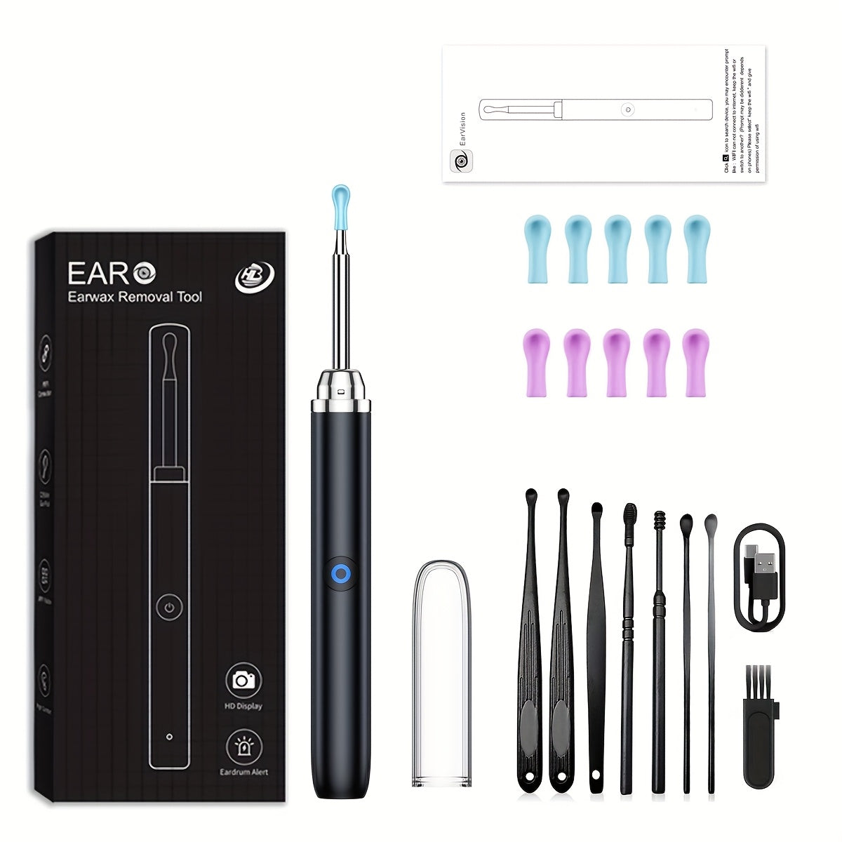 USB Rechargeable Ear Wax Removal Kit with 5 Soft Heads and Storage Box