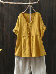 Plus Size Women's Yellow V-Neck Blouse Ruffled Sleeves Tie Waist Casual