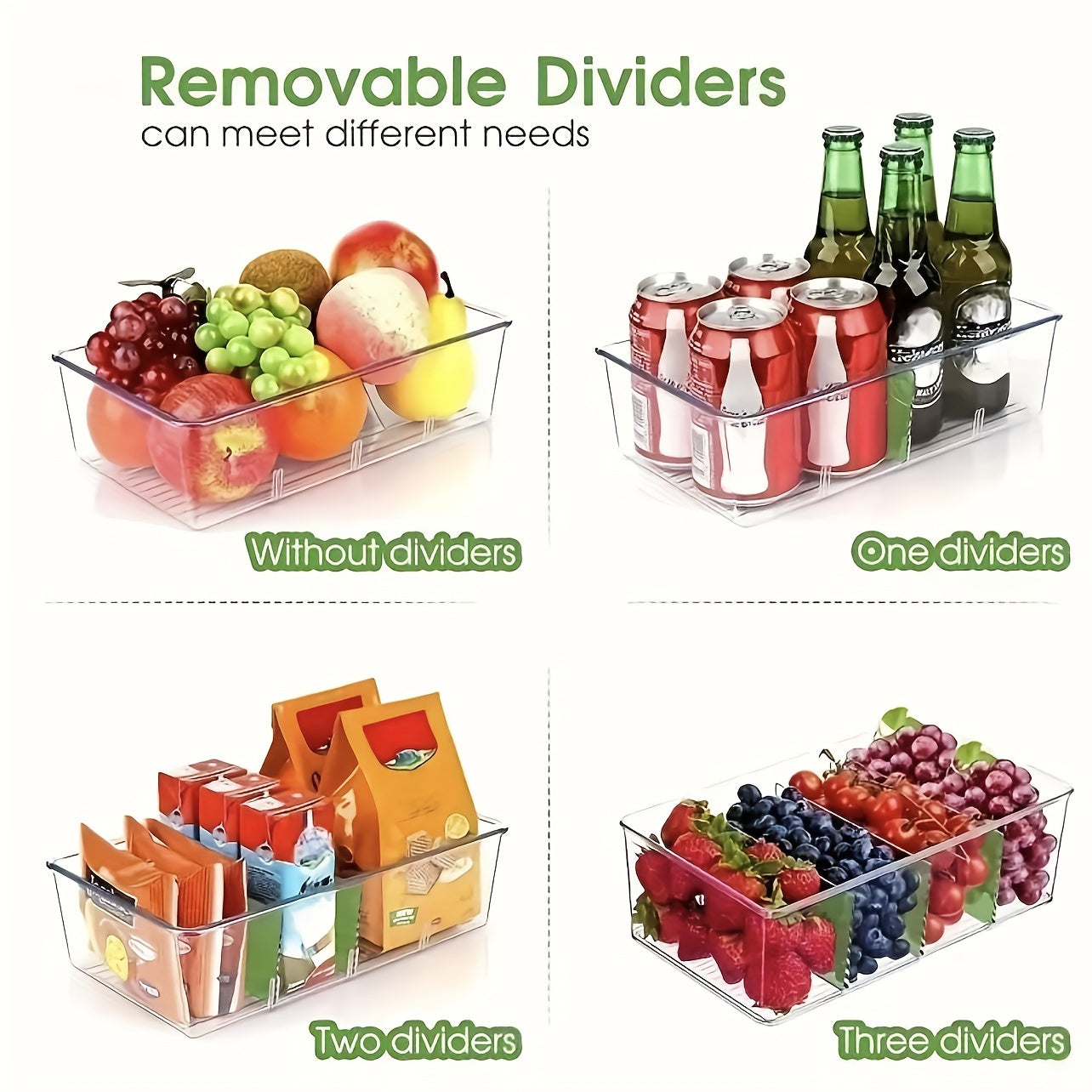 Transparent Refrigerator Organizer Bins with Removable Dividers, Set of 2-6