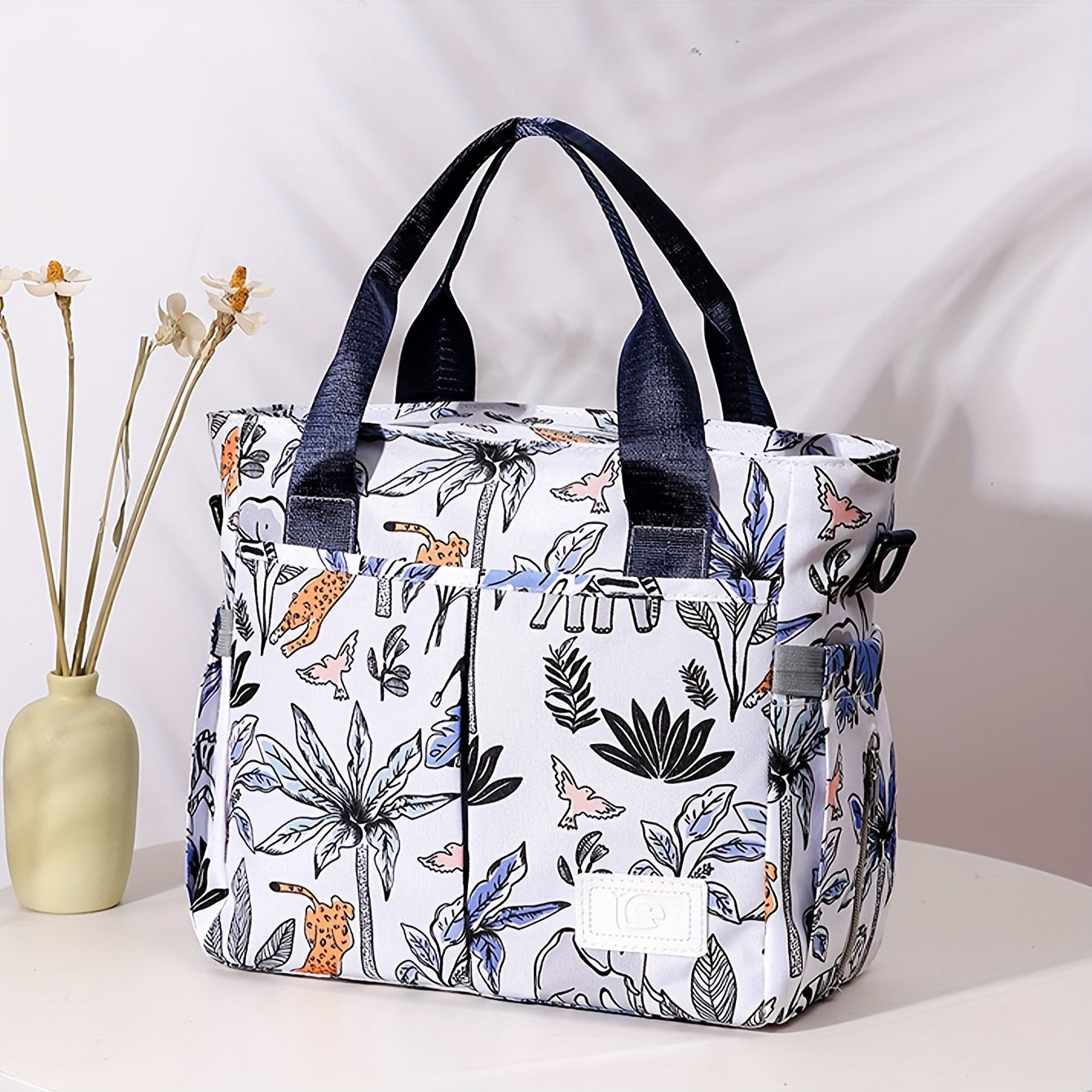 Large Floral Pattern Diaper Bag with Multiple Compartments and Shoulder Strap