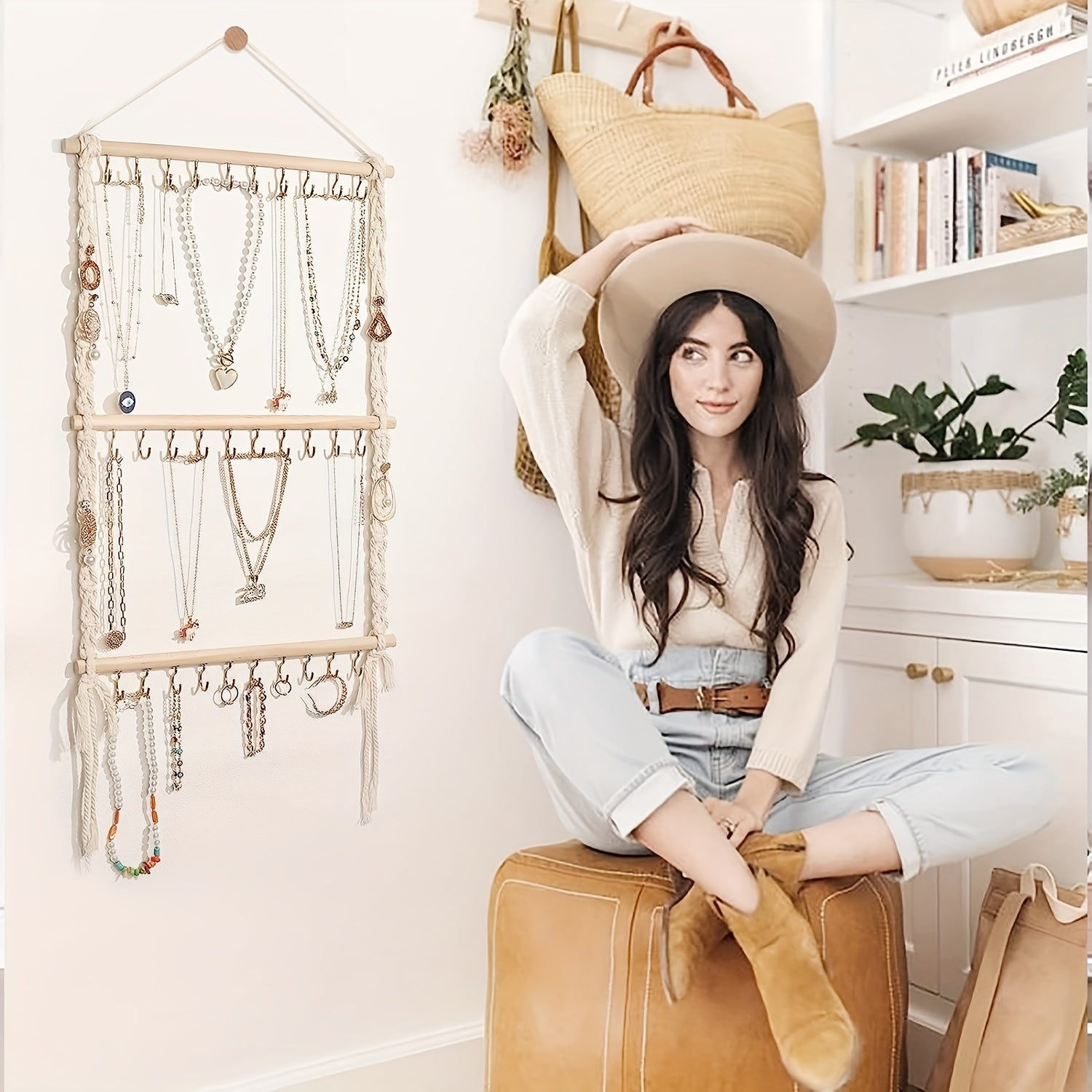 Organizador de joyas para pendientes, collares, anillos, pulseras y diademas con colgador trenzado