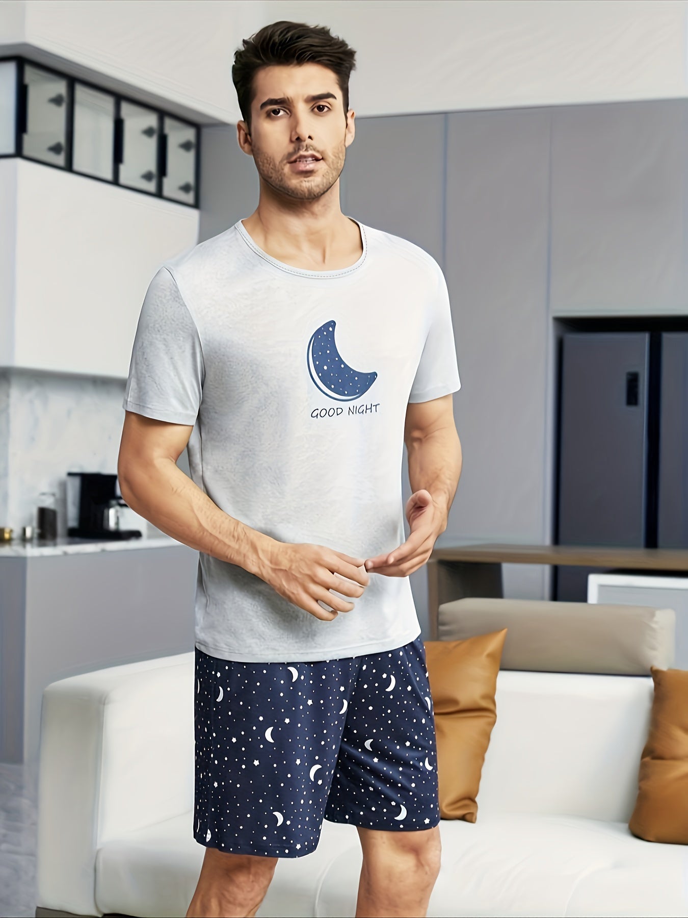 Conjunto de pijama para hombre Galaxy Sky Estrellado, de punto casual, poliéster, manga corta