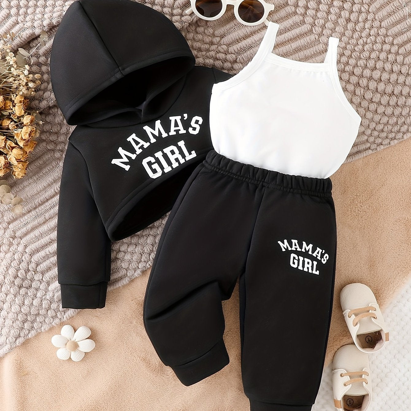 Girls Baby Casual Letter Print 3-Piece Outfit Hoodie Cami Pants Fall Winter