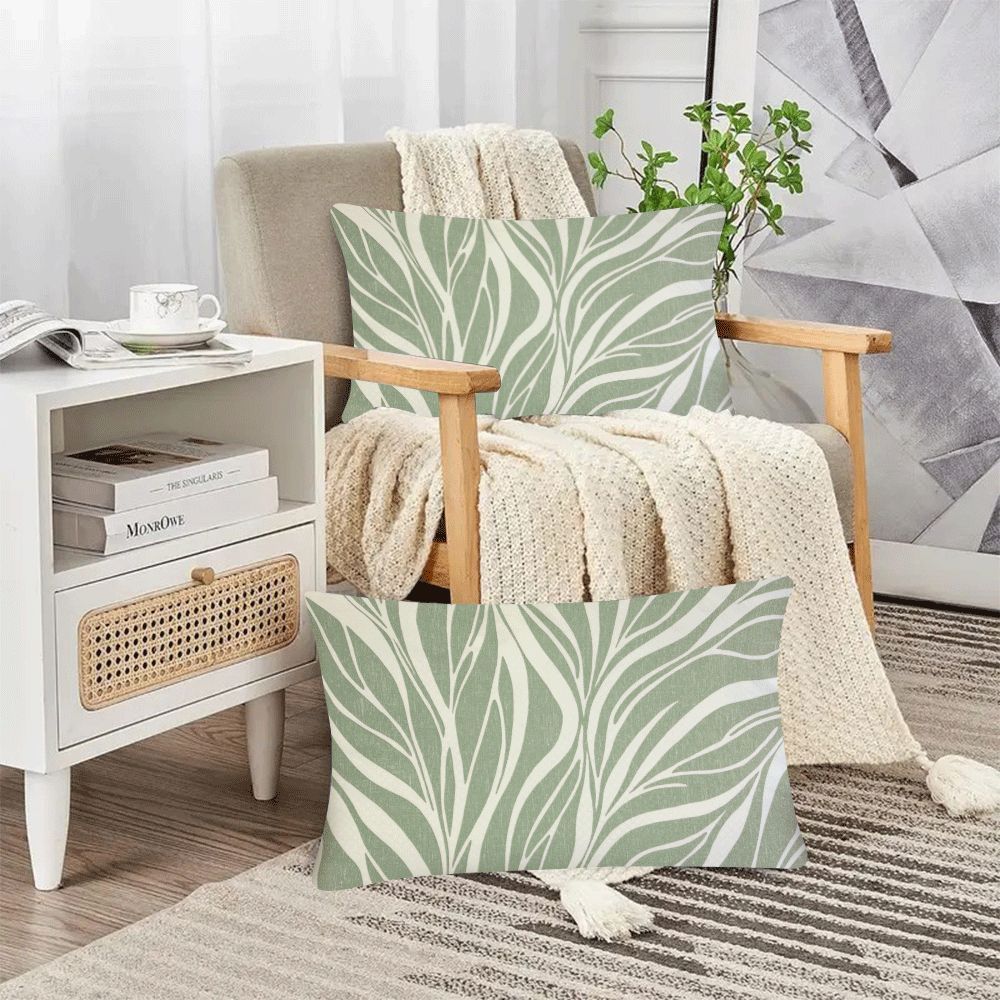 Set of 2 Green Plant Design Pillow Covers 50.8x30.48cm Indoor Outdoor Decor Zip Closure