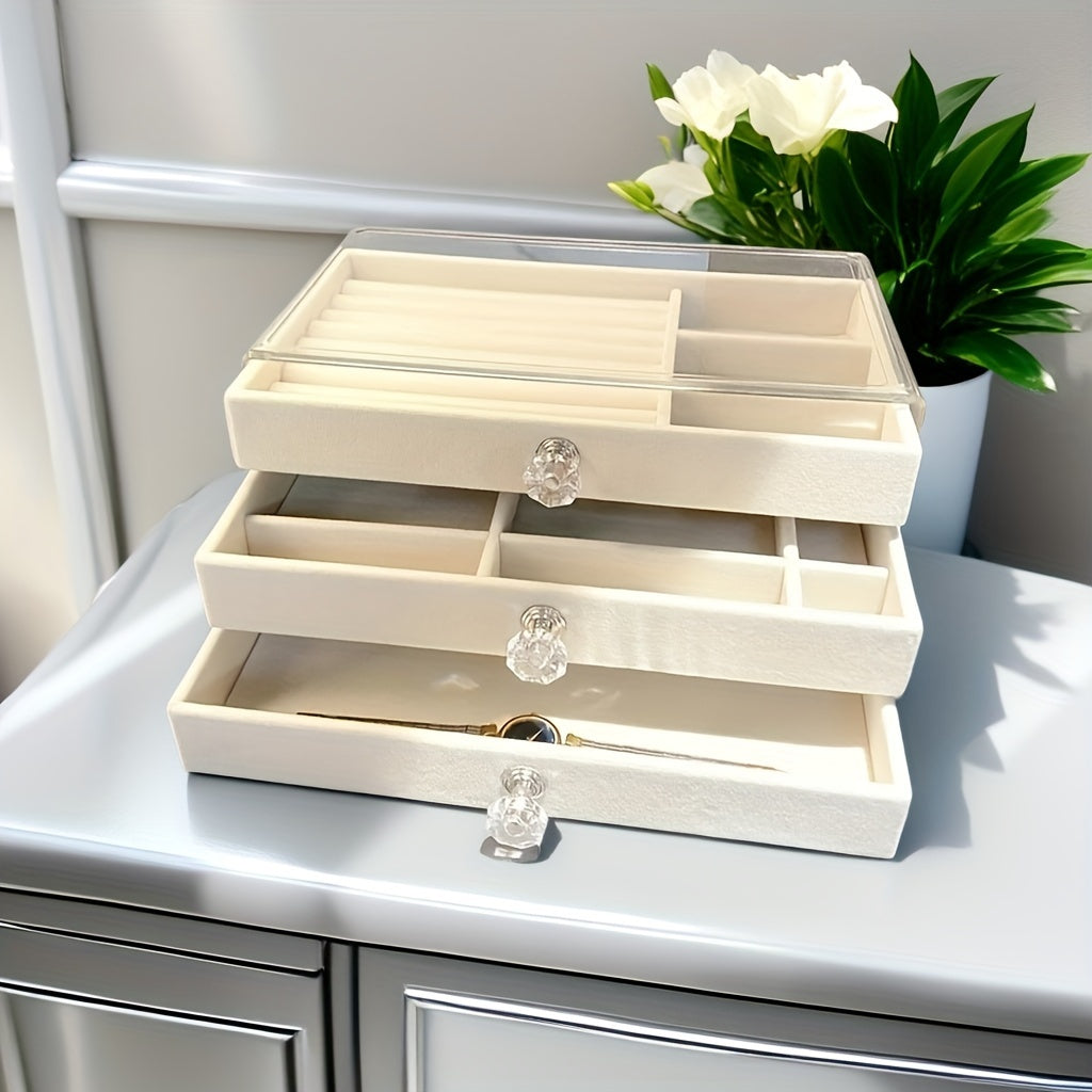 Velvet-Lined Jewelry Organizer with Drawers and Secure Hook Closure for Rings, Necklaces, Earrings, and Watches