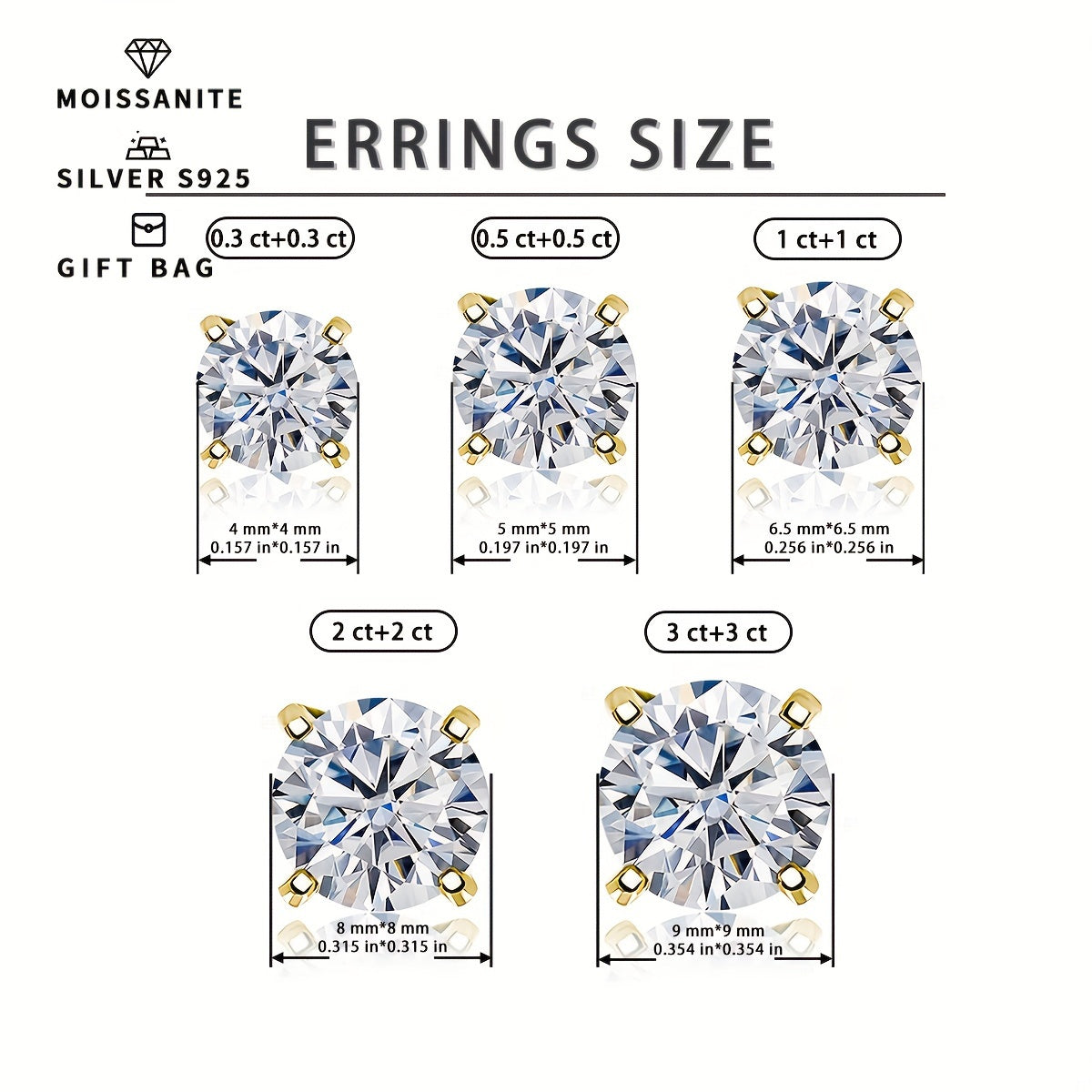 Women's Silver Earrings with Moissanite 0.3CT to 3CT Platinum Gold Plating